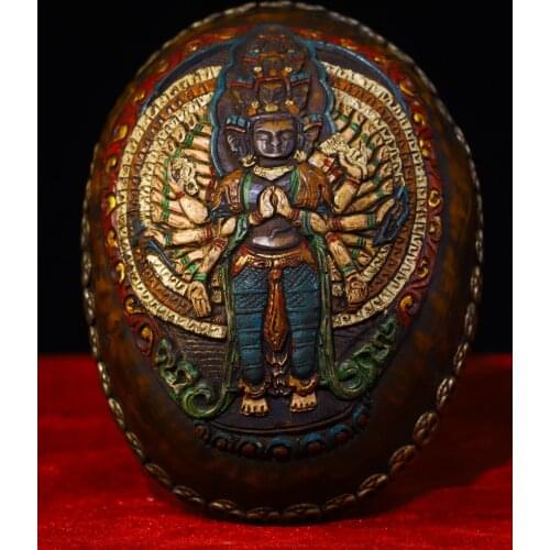 Old Tibetan silver mosaic Skull head Tracing 1000-hand Guanyin Bodhisattva statue Kapala Bowl cup Gabala Bowl Town House