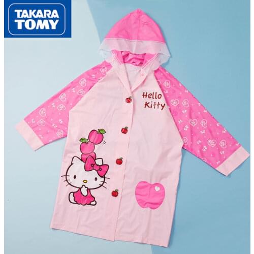 TAKARA TOMYHELLO KITTY Girl Raincoat with Schoolbag Seat Cartoon Raincoat Reflective Strip Safety Thickened Raincoat