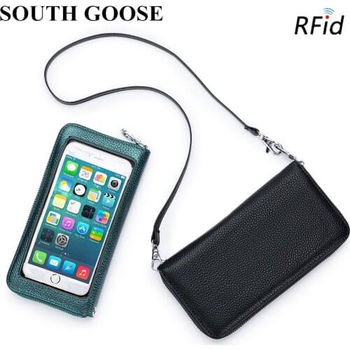 Luxury Genuine Leather Women Clutch Wallet RFID Anti-theft Purse Ladies Transparent Touch Screen Phone Holder Small Shoulder Bag