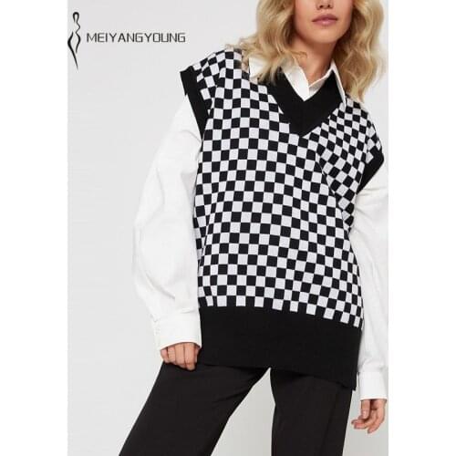 MEIYANGYOUNG Women Checkerboard Plaid Knitted Vest Sweater V Neck Sleeveless Knit Pullovers Vintage Sweater Female Oversize Vest