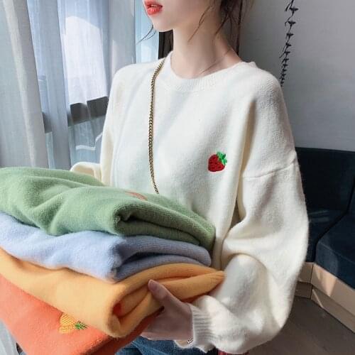 Embroidery Strawberry Korean Women Sweater Loose Pullover Autumn School Sweet Female Sweaters Cute And Sweet Pullover Sweaters