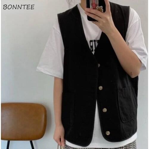 Vests Women Neutral Basic Buttons Trendy Simple Autumn Pockets Outwear Cool Korean Style Vintage All-match Casual Unisex Cozy BF