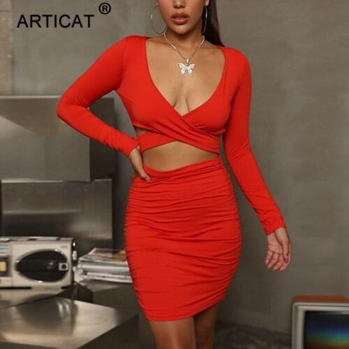 Articat Modal Hollow Out Ruched Dress For Women Solid V Neck Long Sleeve Sexy Mini Dresses Ladies Streetwear Club Party Vestidos