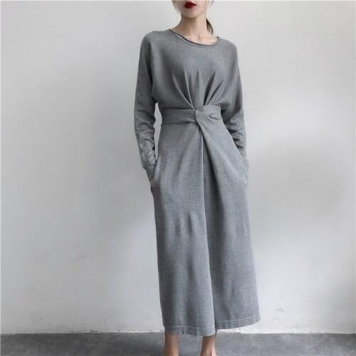 Chic Fashion Fall Winter Retro Long Sleeve O-Neck Twisted Knot Bandage Split Knitted Dress Graceful Solid Casual Ladies Dress