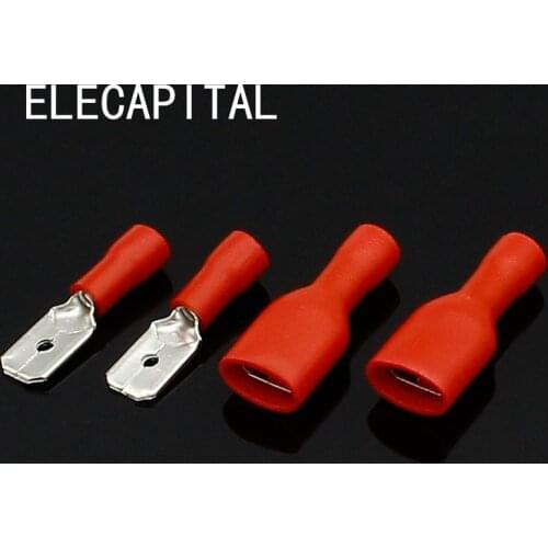 100pcs FDD 1.25-250 MDD1.25-250 6.3mm Red Female + Male Spade Insulated Electrical Crimp Terminal Connectors Wiring Cable Plug