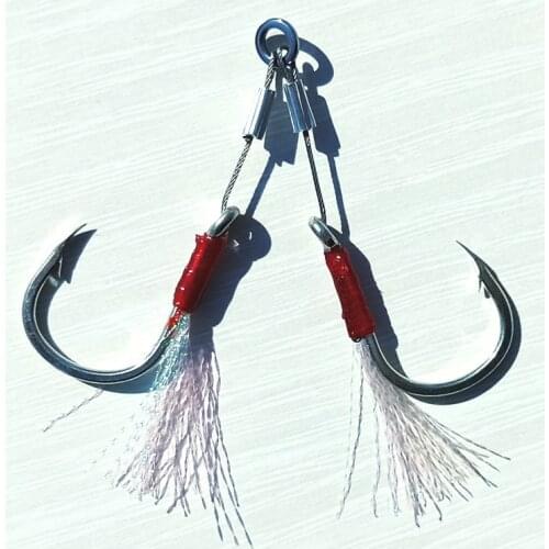 2pairs Mustad hooks 3/0 5/0 7/0 steel line Slow Jig Hook with feather Assist Double Hooks Saltwater INCHIKU Jigging hook