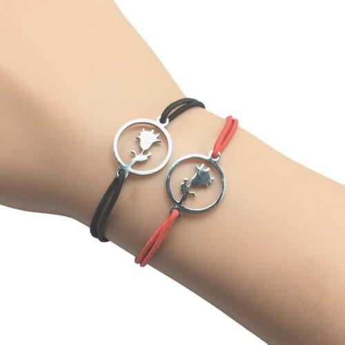 2pcs Wish Bracelet Stainless Steel Rose Flower Charm Heart Pendant Adjustable Cord Bracelet