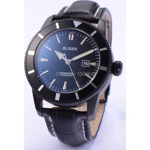 BLIGER 46mm PVD Black Stainless steel case luminous watch hands black strap automatic mens Date wrist watches