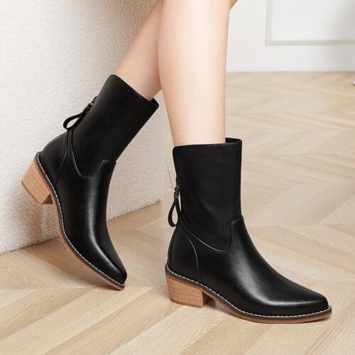 Pointed high heels Bare boots womens shoes 2021 new autumn winter Genuine leather Middle heel Thick heel ankle boots Short sexy