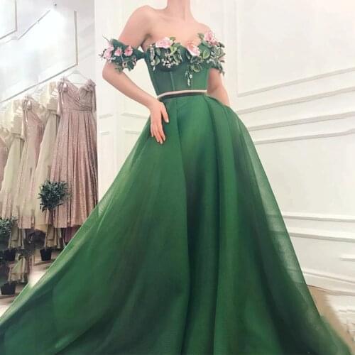 Elegant 2021 Colorful Green Lace Applique Prom Dress Off the Shoulder Matte Tulle Evening Dress vestido de with