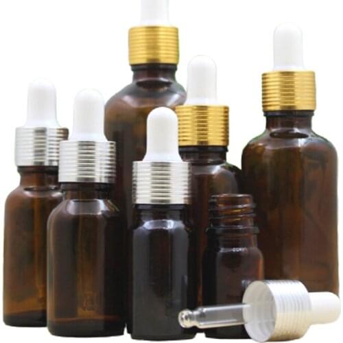 5ML-100ML Brown Glass Dropper Bottle Gold Silver Screw Ring White Rubber Top Empty Travel Essential Oil Refillable Vials 15pcs