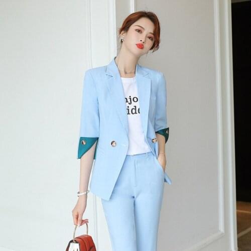 IZICFLY Summer New Style Yellow Slim Elegant Business 2 Piece Set Half Sleeve Women Blazer And Pants Office Suit Work Wear