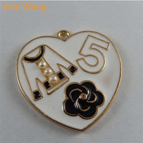 Julie Wang 4PCS Enamel White Heart T-shirt Flower Patterns Alloy Gold Tone Charms Pendant Earrings Jewelry Making Accessory