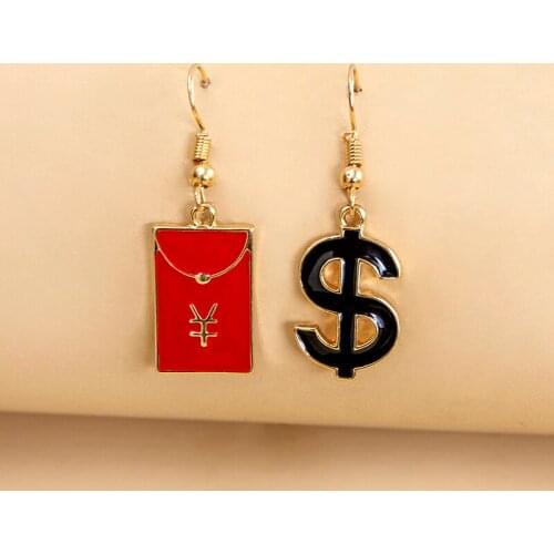 Creative Asymmetric Earrings US Dollar Sign Chinese Red Envelope CNY Pendant Drop Earrings For Women Lucky Jewelry