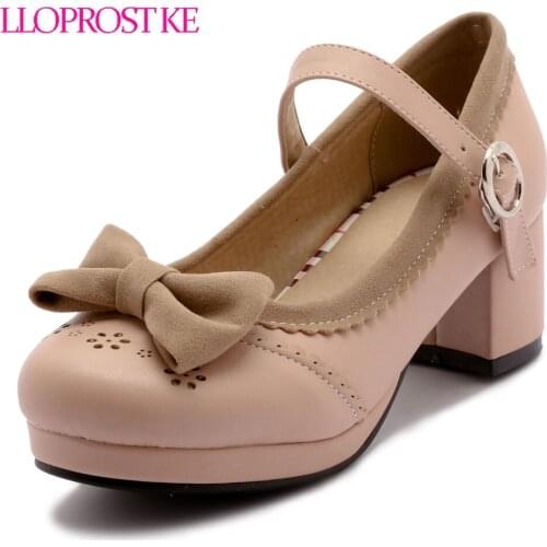 Lloprost ke Autumn Fashion Round Toe Sweet Bow Tie Women Pumps Square High Heel Platform Buckle Strap Student Ladies Shoes MY485
