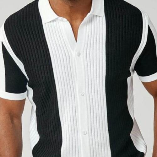 2021 Fashion Men Turn-down Collar Shirt Patchwork Buttons Ribbing Short Sleeve Breathable Knitted Shirt Streetwear M-3XL