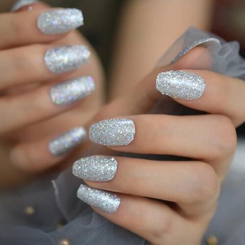 Medium Coffin Nail Kits Holo Glitter Silver Full Cover Ballerina Fake Nails Pre-designed Glamour Nail Art Tips 24pcs