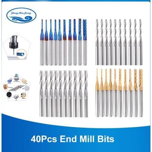 40pcs End Mill Bits Set 1/8" Shank, CNC Router Bits Cutting Milling Tool Engraving Cutter /Titanium Coat 2 Flute CNC Router Bits