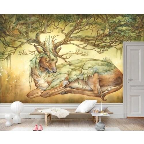 Custom mural 3d photo wallpaper European fairy tale style watercolor hand drawn elk tree forest wallpaper for wall 3 d in rolls
