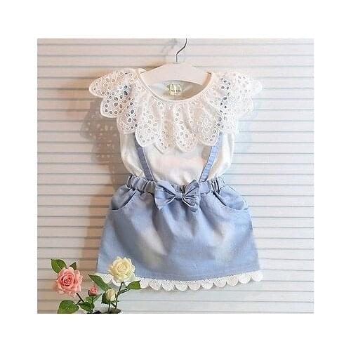 New Fashion Girls cowboy Short sleeve Bow cotton dress baby Girls Summer clothes kids girls Ball Cute dress 2 3 4 5 6 7 Years