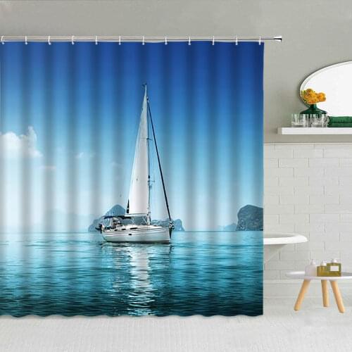 Ocean Sailing Natural Scenery Shower Curtain Set High Quality Fabric Bathroom Supplies Decor With Hooks Washable Cloth Curtains