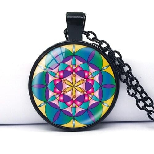 Multi-color Flower Of Life Cabochon Glass Black Bronze silver color Chain Pendant Necklace Zen Buddhism Mandala Meditation Art