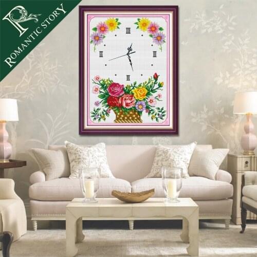 Romantic Story Clock Flower Basket Painting Home Decoration Cross Stitch Handmade Needlework DMC Cross-Stitch Embroidery Kits