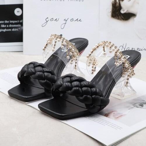 Womens Sandals Summer New Products Fashion Chain Pearl PU Handwoven High Heel Women Sandals Party Wedding Shoes 7.5CM