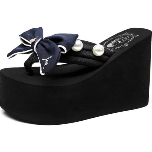 2021 Bowknot Heeled Flip Flops Women Slippers Summer 11CM High Heels Wedge Platform Shoes Sweet Womens Beach Slippers