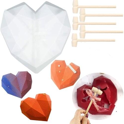 1 pc Heart Shape Silicone Cake Mold with Mini Wooden Hammers Chocolate Mousse Dessert Baking Silicone Fondant Mold DIY