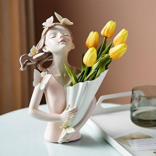 Home Decoration Accessories For Living Room Girl Model One Piece Resin Statue Modern Sculpture Abstract Vase For Flower Decor