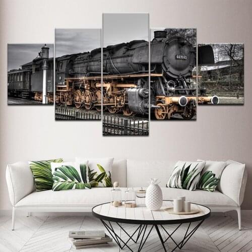 Vintage Steam Train Restaurant bar decoration Picture Painting 5 Panel Wall Art Home Living Room Decoration Posters Framed Print