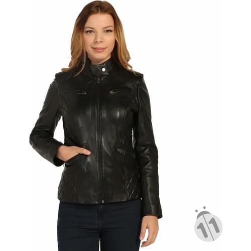 İkbal Women Black Genuine Leather Coat Jacket (XL)