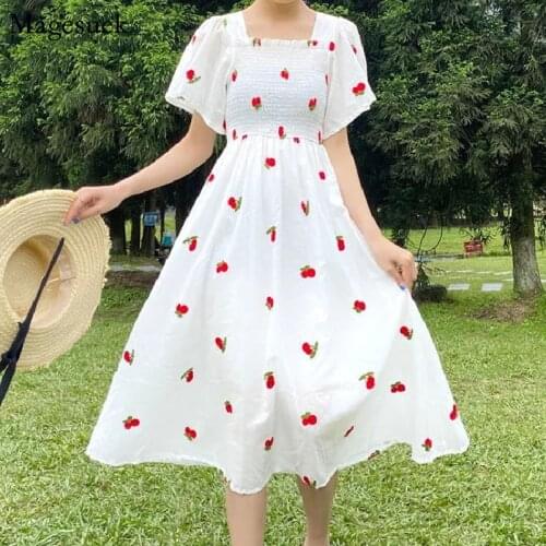 Strawberry Dress Woman Summer Kawaii Embroidery Puff Sleeve Dress Women 2021 Vintage White Square Neck Beach Dresses Robes 14547