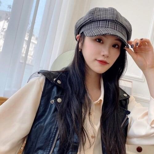 2021 England Classic Octagonal Cap for Women Unisex Plaid Newsboy Cap Spring Autumn UV Protection Sun Visors Hat Men Vintage Cap