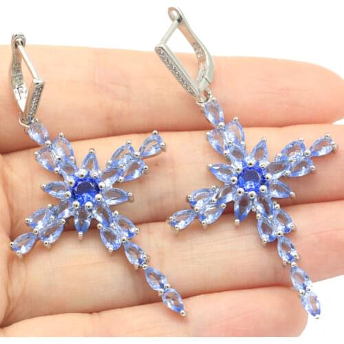 26x22mm Delicate Fine Cut Dazzling Cubic Zircon Bridal Jewelry Created Dark London Blue Topaz Hot Selling Silver Earrings