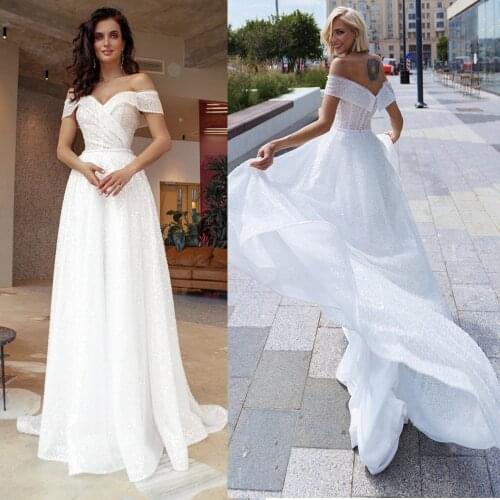 Sequins Off Shoulder Luxury Wedding Dress Custom Made 2021 Off White Plus Size V Neck Shining A Line Zipper Glitter Bridal Gowns