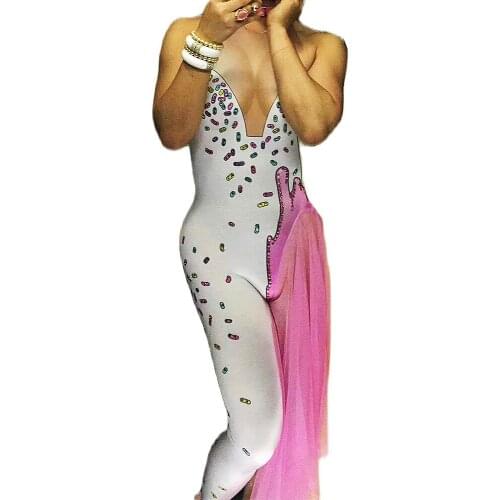 Sparkly Colorful Diamonds Long Voile Tassel Jumpsuits Sleeveless Skinny Stretch Fashion Pole Dancing Costumes Ladies Stage Wear