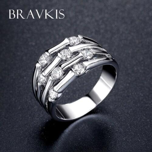 BRAVEKISS Unique Multi Row Bamboo Rings Jewelry for Women Round CZ Stone Bridal Wedding Bands Damen Silberrige Alliance BUR0346
