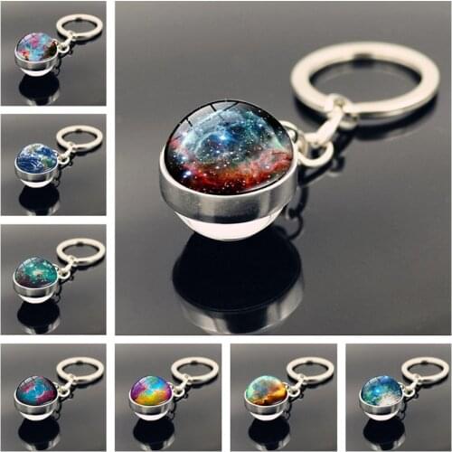 Galaxy Planet Keychain with Solar System Art Picture Glass Ball Key Ring Moon Earth Double Side Pendant Universe Jewelry