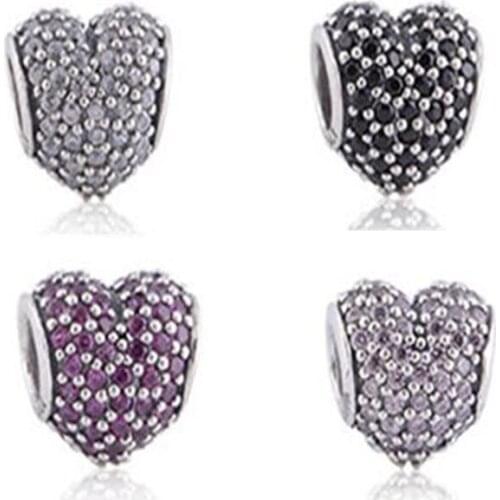 DIY Beads sparking Pave Heart Charm Fits Original Silver Bracelets For Woman Sterling Silver Jewelry Beads For Jewelry Making