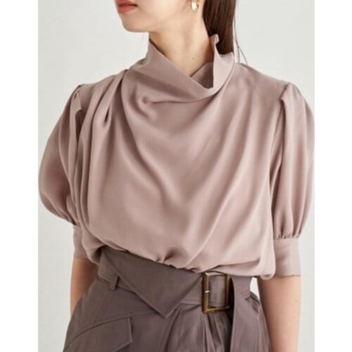 Japan Style Elegant Drape Turtleneck Blouses Women Sweet Puff Sleeve Solid Pullover Shirts Loose All-match Office Lady Blusas