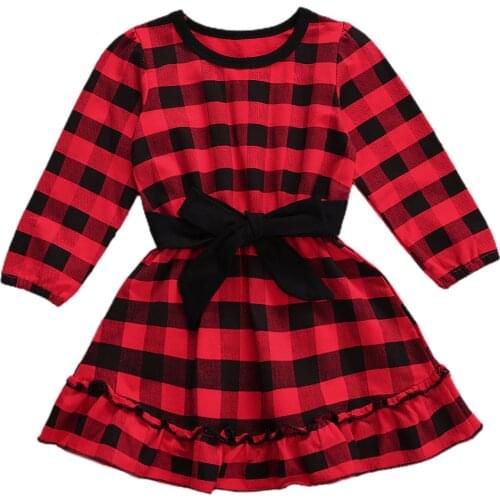 FOCUSNORM Christmas 0-4Y Infant Baby Girls Dress Plaid Print Ruffles Long Sleeve Knee Length A-Line Belt Dress