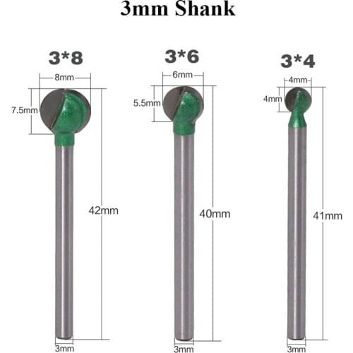 3mm Shank Pill Spher Mill Ball Nose Round Carving Router Bit Cove CNC Milling Tool Radius Core Router Bit for Wood Woodworking