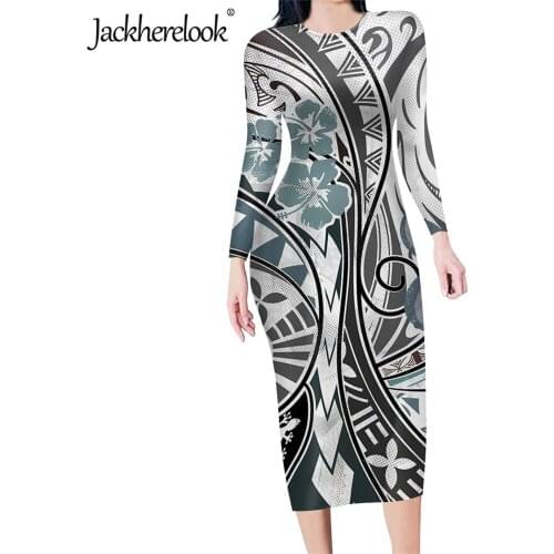 Jackherelook Polynesian Tattoo Hibiscus Samoa Brand Design Elegant Party Pencil Dress Stretchy Long Sleeve Tunic Bodycon Dresses