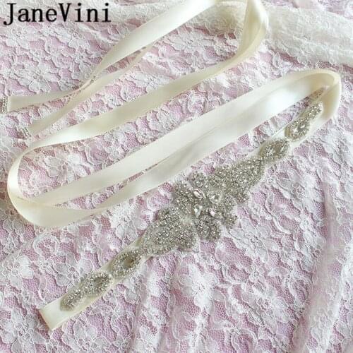 JaneVini Sparkly Crystals Rhinestones Bridal Belts for Wedding Dress Ivory White Ribbon Bridesmaid Sash Satin Ladies Bride Belt
