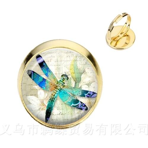 Dragonfly Pattern Rings Insect Art Picture 16mm Glass Cabochon Dome Golden 2 Color Adjustable Rings For Girls