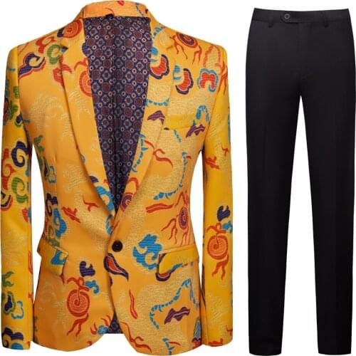 Mens Yellow Chinese Dragon Printed Suit Men Slim Fit Suit Set Blazers Singer Costume Casual Night Party Bar Suit