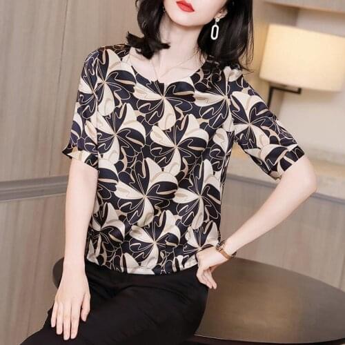 Lady Casual O-Neck Blusas Tops Women Short Sleeve Spring Summer Style Imitate Silk Loose Blouses Shirts