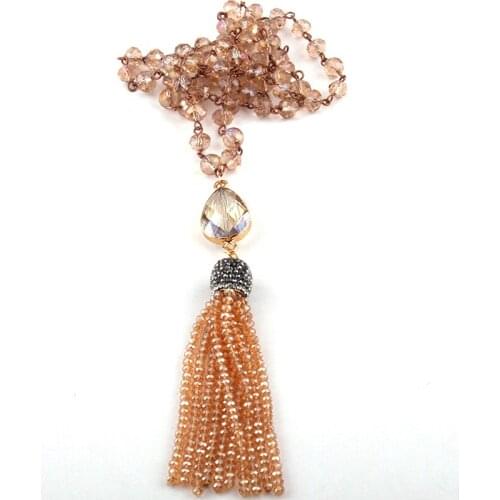 Fashion Bohemian Jewelry 5*8 Glass Rosary Chain Link Crystal Tassel Necklace For Women Ethnic Necklace